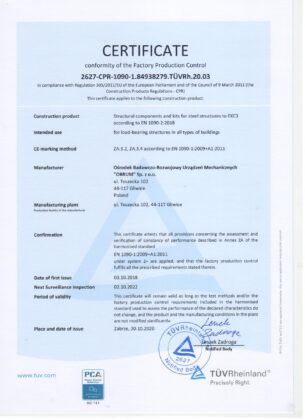 Certyficate conformity of the Factory Production Control 2627-CPR-1090-1.84938279. TÜVRh.20.03