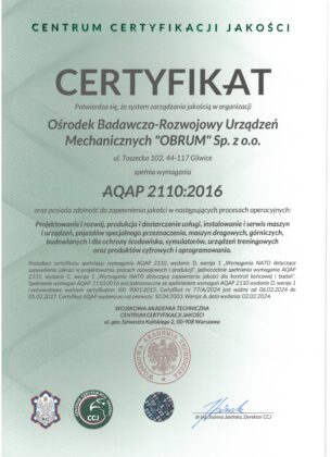 Certyfikat zgodności systemu zarządzania jakością z wymaganiami AQAP 2110:2016