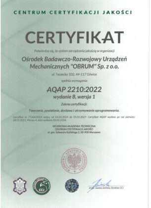 Certyfikat zgodności systemu zarządzania jakością z wymaganiami AQAP 2210:2022