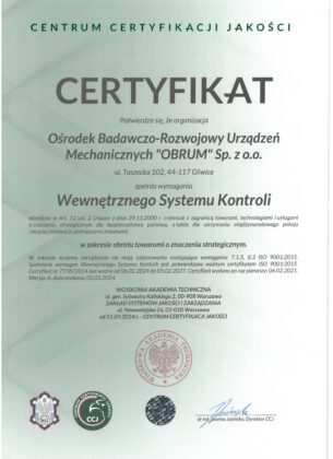 Certyfikat potwierdzający funkcjonowanie w OBRUM Wewnętrznego Systemu Kontroli (WSK)