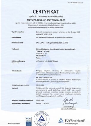 Certyfikat zgodności Zakładowej Kontroli Produkcji 2627-CPR-1090-1.PL0367. TÜVRh.22.00
